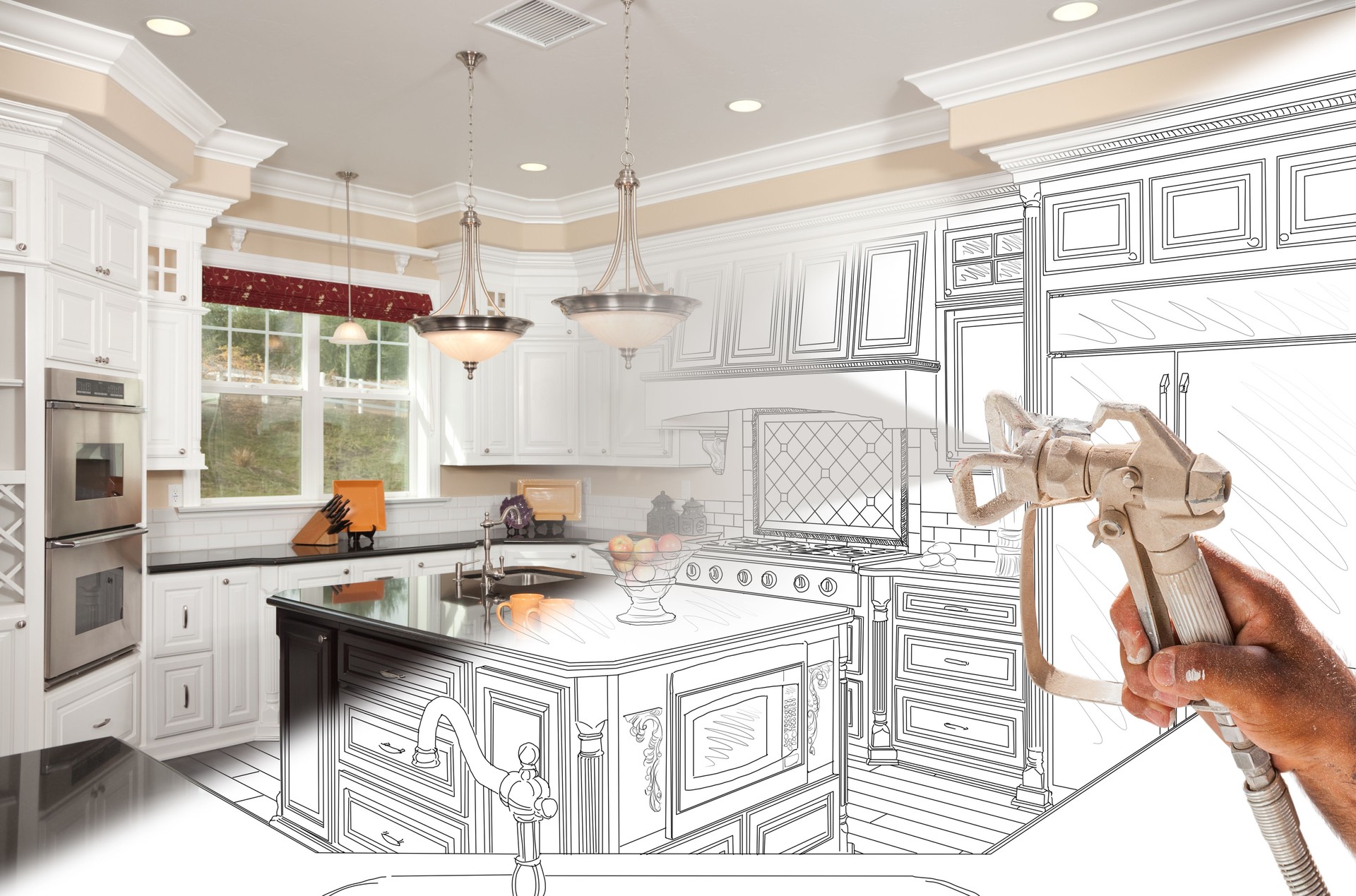 Professional Spray Painter Holding Spray Gun Spraying Renovated Kitchen Over Design Drawing.